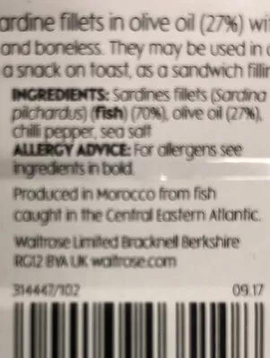 Liste des ingrédients du produit Sardine piccanti Waitrose 84g