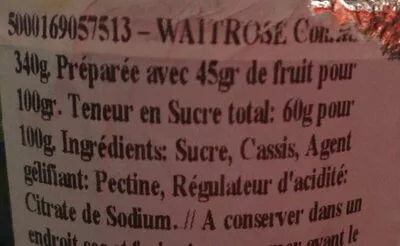 Liste des ingrédients du produit Bright blackcurrant extra fruity preserve Waitrose 