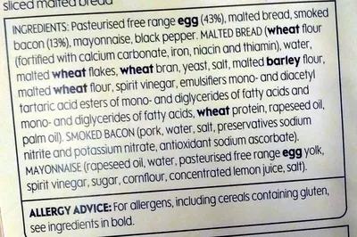 List of product ingredients Egg Mayo & Bacon Sandwich Waitrose, Waitrose Good to go 230g