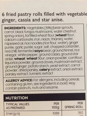 Liste des ingrédients du produit Vegetable spring rolls Waitrose 216g