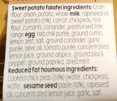 Lista de ingredientes del producto Sweat potato falafels & houmous Waitrose 135 g