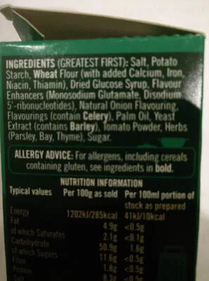 List of product ingredients Oxo vegetable stock cubes Oxo 106 g