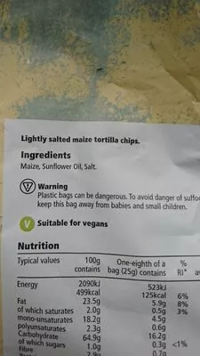 Liste des ingrédients du produit T.lightly Salted Tortilla Chips 200G Tesco 200 g