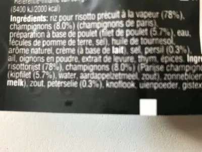Lista de ingredientes del producto Risotto Poulet & Champignons Uncle Ben's 250 g