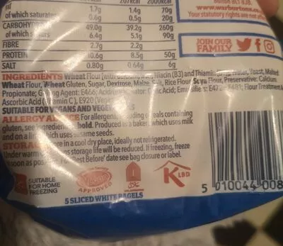 List of product ingredients Soft & sliced bagels Warburtons 