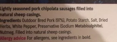 List of product ingredients Tesco Finest 12 Traditional Pork Chipolata 375G Tesco 