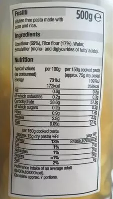 Lista de ingredientes del producto Gluten free fusilli Morrisons 500 g