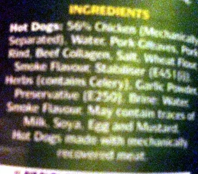 List of product ingredients 8 hot dogs ye olde oak 184g