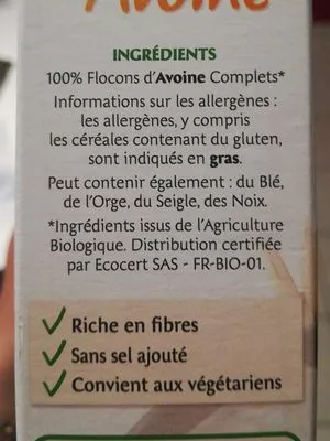 Lista de ingredientes del producto Flocon d'avoine Jordans 500 g