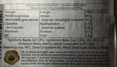 Lista de ingredientes del producto Beurre Irlandais demi sel Kerrygold 250 g