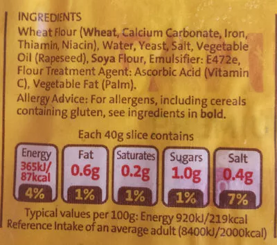 List of product ingredients White Slice Pan Brennans 800 g