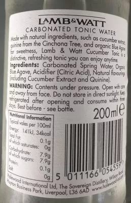 Liste des ingrédients du produit Cucumber Lamb & Watt 200 ml