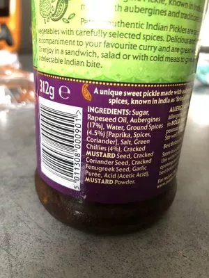 List of product ingredients Aubergine Pickle Patak's 312 g