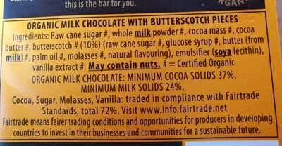 Lista de ingredientes del producto Black's Organic Butterscotch Milk Chocolate Bar Green & Black's 100 g