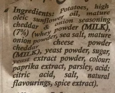 Liste des ingrédients du produit Mature cheddar & onion Mackie's of Scotland 150 g