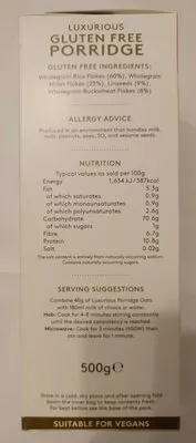 List of product ingredients Luxurious gluten free porridge Alara 500 g