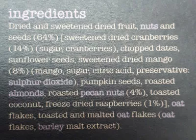 List of product ingredients Fruity muesli Dorset cereals 600 g