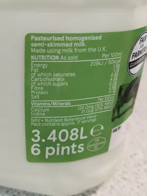 Lista de ingredientes del producto Semi-skimmed milk Tesco 3.408L