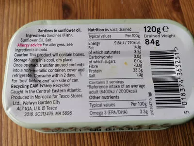 Lista de ingredientes del producto Tesco Sardines in Sunflower Oil Tesco 120 g