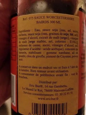 Liste des ingrédients du produit Worcestershire sauce Bairds 300 ml