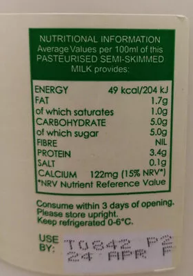 Lista de ingredientes del producto cotteswold semi skimmed milk cotteswold 2 litres