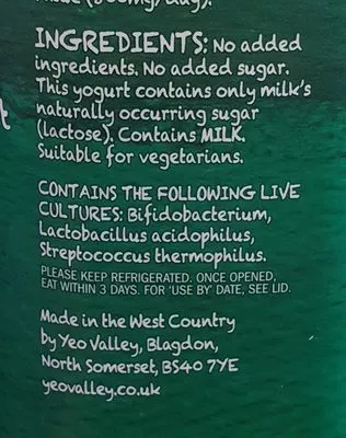 Lista de ingredientes del producto Natural Yogurt Yeo Valley 1 kg