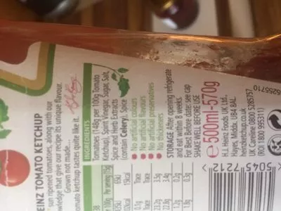 Lista de ingredientes del producto Tomato ketchup Heinz 500 ml