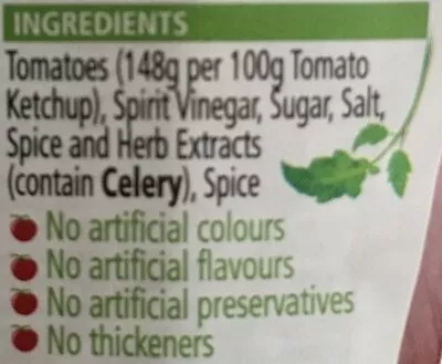 Lista de ingredientes del producto Tomato Ketchup Heinz 400 ml - 460 g