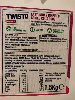 Lista de ingredientes del producto East Indian spices cous cous Twistd Flavour Co 