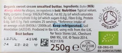 List of product ingredients Organic Unsalted Butter Tesco 250g