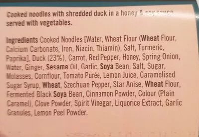 Liste des ingrédients du produit Shredded  Hoisin Duck Noodles The City Kitchen 385 g