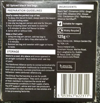 Lista de ingredientes del producto Tesco Finest Chai 50 Tea Bags Tesco 125 g