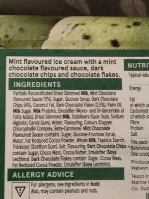 Lista de ingredientes del producto mint chocolate ice cream Tesco 900g