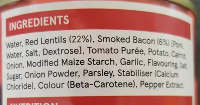 Lista de ingredientes del producto Tesco lentil & bacon soup Tesco 400g