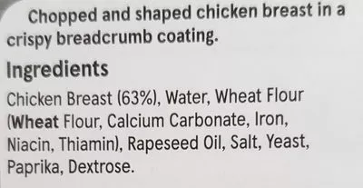 Liste des ingrédients du produit Breaded Chicken Steaks Tesco 504 g
