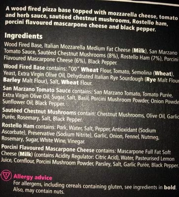 List of product ingredients Rostello ham chestnut mushrooms & mascarpone pizza tesco finest, Tesco 425g