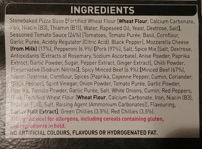 List of product ingredients Thin Stonebaked Spicy Meat Feast Pizza ASDA 1