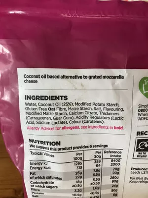 List of product ingredients Free from grated mozzarella alternative Free from 200g