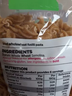 List of product ingredients Wholewheat Fusilli  