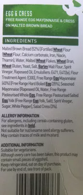 List of product ingredients Egg & Cress Munch 2 sandwiches