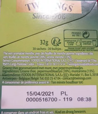 Liste des ingrédients du produit Thé Vert Menthe Intense Twinings™ of London 32 g   (20 sachets de 1,6 g)