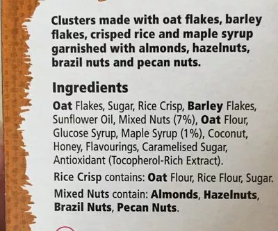 List of product ingredients Tesco Four Nut And Maple Crisp Tesco 500g