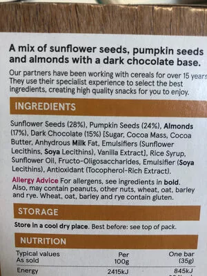 Liste des ingrédients du produit Pumpkin seed and almond bars Tesco 35g