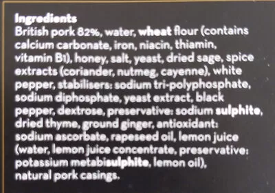 Liste des ingrédients du produit Premium British Pork Sausages Porky Whites 6