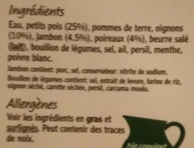 Liste des ingrédients du produit Petits Pois, Jambon & Poireau New Covent Garden Company 60 cl