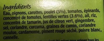 List of product ingredients Soupe poulet Goa épicé et lentilles, moins de 2% de mat. Gr. New Covent Garden Soup Co 600 g e