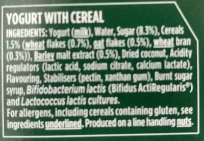 Lista de ingredientes del producto Cereals 4 x (500g) Danone, Activia 480 g