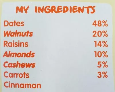 Lista de ingredientes del producto Nakd Carrot Cake nakd. 
