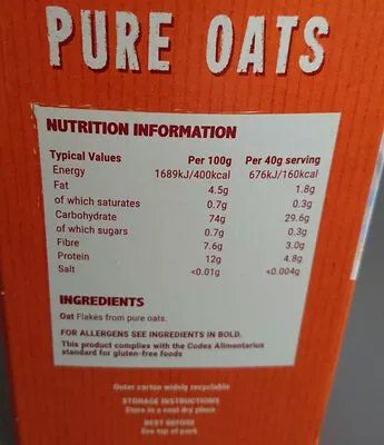 List of product ingredients Pure Oats Juvela 500g