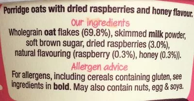 List of product ingredients Raspberry & Honey Porridge Pot Stoats 60 g